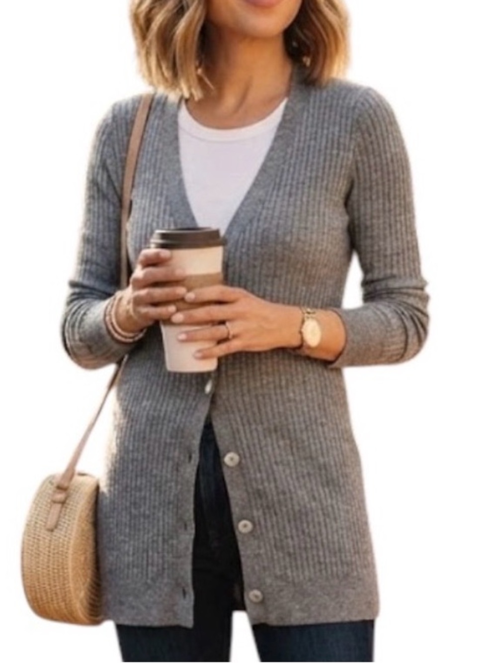 VINCE Minimalist Preppy Quiet Luxury Grey Ribbed Button Front V-Neck Cardigan M